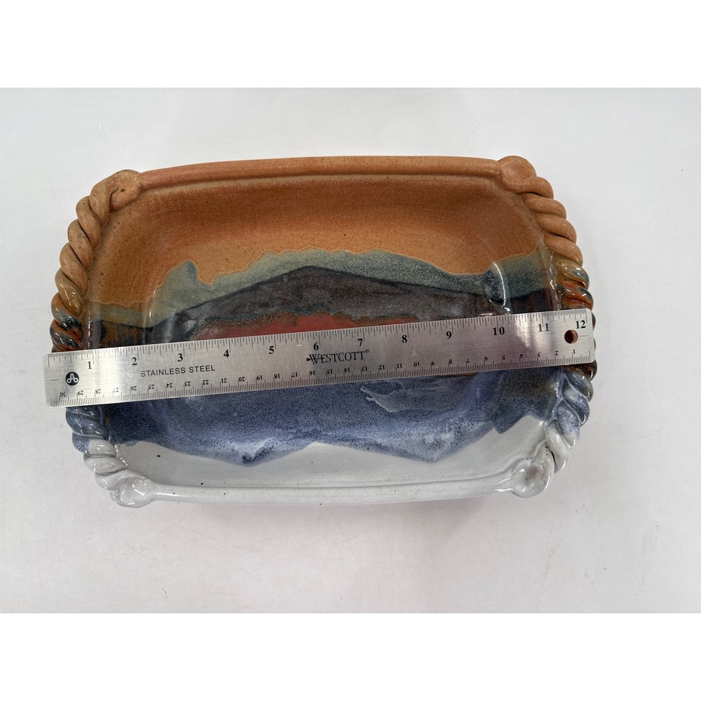Studio Pottery Signed Rectangular Tray Multi-Color Glaze Rope Edge Stoneware - Picture 3 of 4